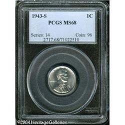 1943-S 1C MS68 PCGS. Softly struck on the 4 of the 1943-S 1C MS68 PCGS.