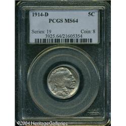 1914-D 5C MS64 PCGS. Silver-gray and walnut-brown 1914-D 5C MS64 PCGS.