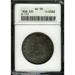 1828 50C Curl Base 2, Knob AU58 ANACS. O-111, R.4. 1828 50C Curl Base 2, Knob AU58 ANACS.