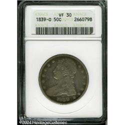 1839-O 50C VF30 ANACS. Pearl-gray, sea-green, and 1839-O 50C VF30 ANACS.