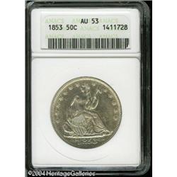 1853 50C Arrows and Rays AU53 ANACS. Pleasing brig 1853 50C Arrows and Rays AU53 ANACS.