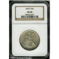 1863-S 50C AU58 NGC. Sea-green and maroon colors e 1863-S 50C AU58 NGC.