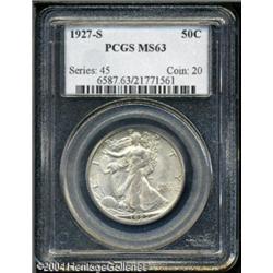 1927-S 50C MS63 PCGS. Softly struck, satiny, and c 1927-S 50C MS63 PCGS.
