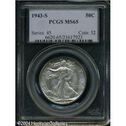 1943-S 50C MS65 PCGS. Dappled olive, violet, and l 1943-S 50C MS65 PCGS.