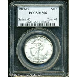 1947-D 50C MS66 PCGS. Sharply struck, with bright, 1947-D 50C MS66 PCGS.