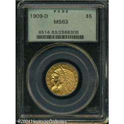 1909-D $5 MS63 PCGS. Lustrous surfaces are covered 1909-D $5 MS63 PCGS.