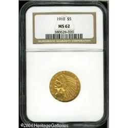 1910 $5 MS62 NGC. This exquisitely struck Indian F 1910 $5 MS62 NGC.