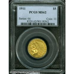 1911 $5 MS62 PCGS. A honey-gold piece that has a r 1911 $5 MS62 PCGS.
