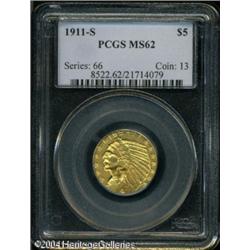 1911-S $5 MS62 PCGS. Bright apricot-gold patina, a 1911-S $5 MS62 PCGS.