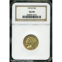 1913-S $5 AU58 NGC. Most commonly seen in VF or XF 1913-S $5 AU58 NGC.