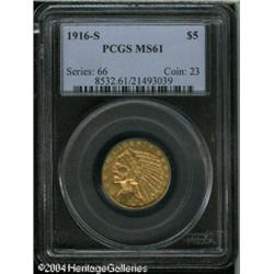 1916-S $5 MS61 PCGS. An original greenish-gold exa 1916-S $5 MS61 PCGS.