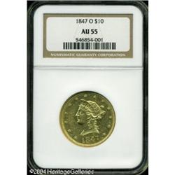 1847-O $10 AU55 NGC. A sharply struck and bright r 1847-O $10 AU55 NGC.