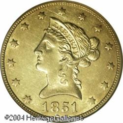 1851-O $10 AU58 NGC. This coin displays an average 1851-O $10 AU58 NGC.