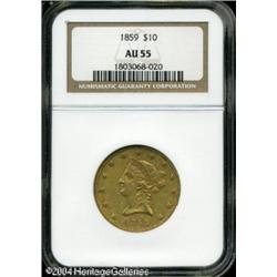 1859 $10 AU55 NGC. Pumpkin-gold patination shows t 1859 $10 AU55 NGC.