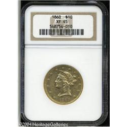 1860 $10 XF45 NGC. This better date No Motto Eagle 1860 $10 XF45 NGC.