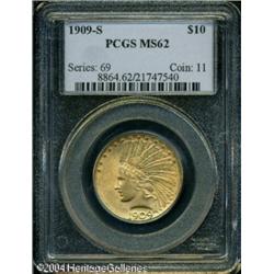 1909-S $10 MS62 PCGS. An attractive S-mint example 1909-S $10 MS62 PCGS.