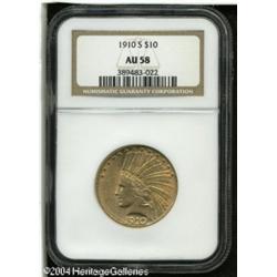 1910-S $10 AU58 NGC. The honey-gold surfaces revea 1910-S $10 AU58 NGC.