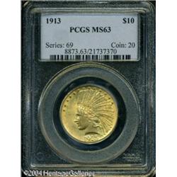 1913 $10 MS63 PCGS. A lustrous canary-gold Indian 1913 $10 MS63 PCGS.