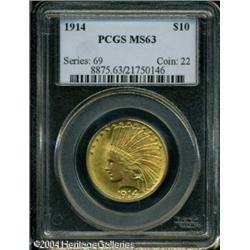 1914 $10 MS63 PCGS. A beautiful orange-gold Indian 1914 $10 MS63 PCGS.