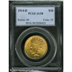 1914-D $10 AU58 PCGS. The fields display prominent 1914-D $10 AU58 PCGS.