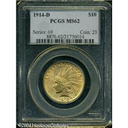 1914-D $10 MS62 PCGS. Somewhat bluntly struck with 1914-D $10 MS62 PCGS.