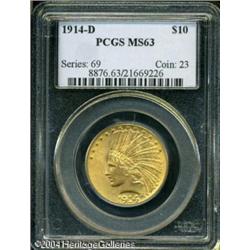 1914-D $10 MS63 PCGS. An original straw-gold piece 1914-D $10 MS63 PCGS.