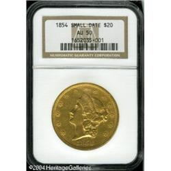 1854 $20 Small Date AU50 NGC. Satiny overall with 1854 $20 Small Date AU50 NGC.