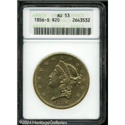 1856-S $20 AU53 ANACS. Bright yellow-gold surfaces 1856-S $20 AU53 ANACS.