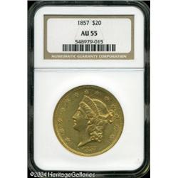 1857 $20 AU55 NGC. Nicely defined, except for Libe 1857 $20 AU55 NGC.