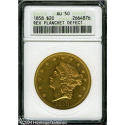 1858 $20 --Reverse Planchet Defect--AU50 ANACS. Gre 1858 $20 --Reverse Planchet Defect--AU50 ANACS.