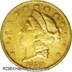 1859 $20 AU53 PCGS. Much scarcer than the mintage 1859 $20 AU53 PCGS.