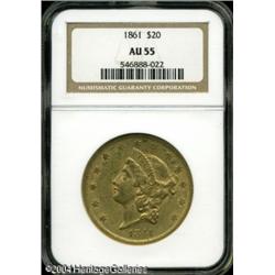 1861 $20 AU55 NGC. Straw-gold patination adheres t 1861 $20 AU55 NGC.
