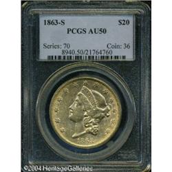 1863-S $20 AU50 PCGS. This Civil War S-mint has a 1863-S $20 AU50 PCGS.