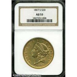 1867-S $20 AU53 NGC. Generally well struck, with h 1867-S $20 AU53 NGC.