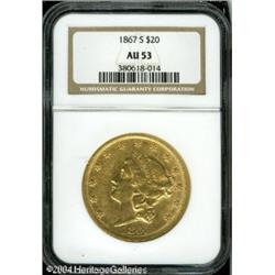 1867-S $20 AU53 NGC. Similar to the 1866-S Motto, 1867-S $20 AU53 NGC.