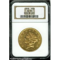 1868 $20 AU50 NGC. A scarce, low mintage issue wit 1868 $20 AU50 NGC.