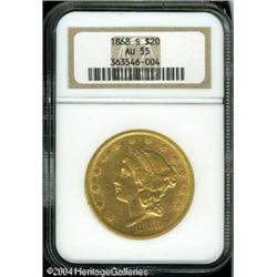1868-S $20 AU55 NGC. A very difficult coin to loca 1868-S $20 AU55 NGC.