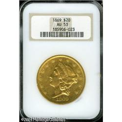 1869 $20 AU53 NGC. Bright yellow-gold patina, with 1869 $20 AU53 NGC.