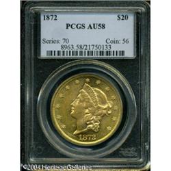 1872 $20 AU58 PCGS. A lustrous lemon-gold near-Min 1872 $20 AU58 PCGS.