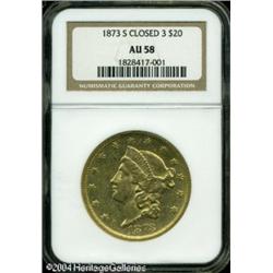 1873-S $20 Closed 3 AU58 NGC. A bright and bold pi 1873-S $20 Closed 3 AU58 NGC.
