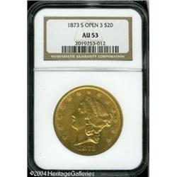 1873-S $20 Open 3 AU53 NGC. The Open 3 1873-S is a 1873-S $20 Open 3 AU53 NGC.