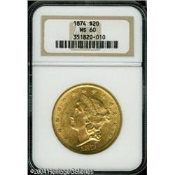 1874 $20 MS60 NGC. Bright yellow-gold surfaces are 1874 $20 MS60 NGC.