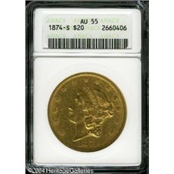 1874-S $20 AU55 ANACS. Residual luster is visible 1874-S $20 AU55 ANACS.