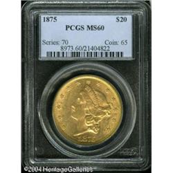 1875 $20 MS60 PCGS. Attractive yellow-copper appea 1875 $20 MS60 PCGS.