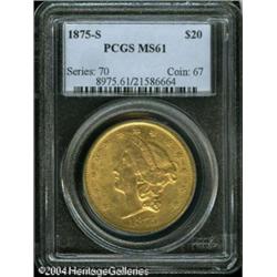 1875-S $20 MS61 PCGS. Fully lustrous with even ora 1875-S $20 MS61 PCGS.