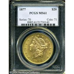 1877 $20 MS61 PCGS. Brassy-gold patina occupies mo 1877 $20 MS61 PCGS.