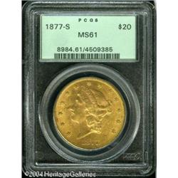 1877-S $20 MS61 PCGS. Nicely struck, with bright o 1877-S $20 MS61 PCGS.