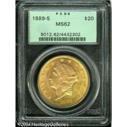 1889-S $20 MS62 PCGS. Bright peach-gold surfaces h 1889-S $20 MS62 PCGS.