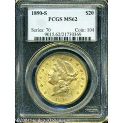 1890-S $20 MS62 PCGS. Light contact marks are scat 1890-S $20 MS62 PCGS.
