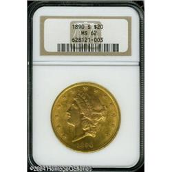 1890-S $20 MS62 NGC. Yellow-gold patina with subtl 1890-S $20 MS62 NGC.